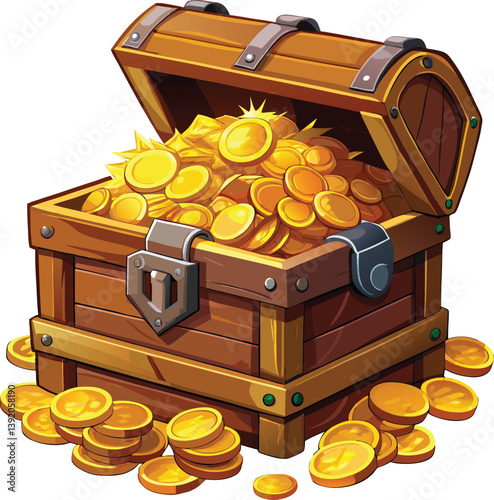 A wooden treasure chest overflowing with shiny gold coins