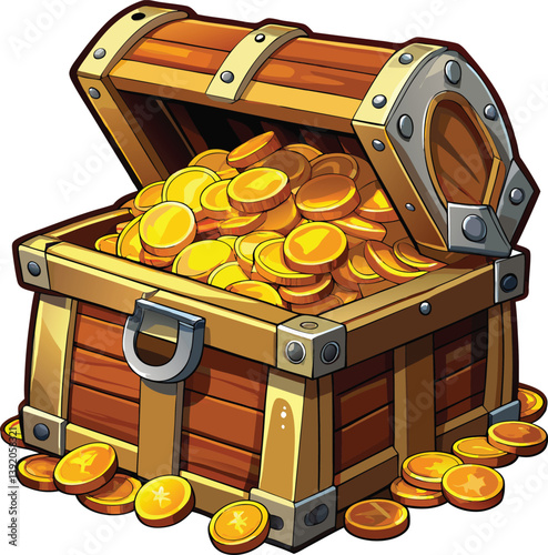 A wooden treasure chest overflowing with shiny gold coins