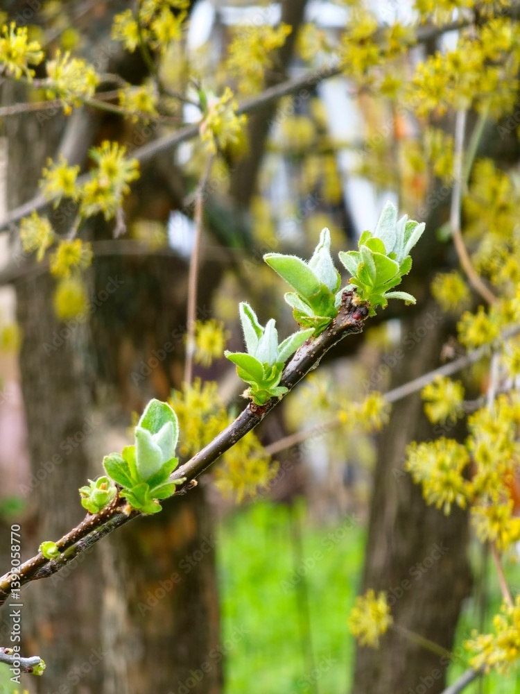Young spring leaves on branch. Common quince. Cydonia Oblonga in early spring. Selective focus. Close-up. Young spring leaves on branch. Common quince. Cydonia Oblonga in early spring. Selective focus. Close-up.