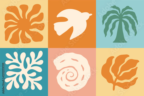 Abstract Boho Summer Beach Vector Icon Set. Groovy Retro Organic Sea Silhouette for Contemporary Logo, Print. Boho Hand Drawn Coastal Design in Naive Style. Irregular Cutout Ocean Shape Modern Poster.