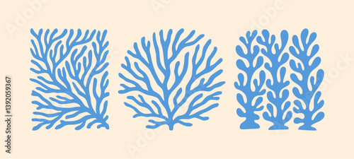 Vector Sea Coral Icon Set. Boho Seaweed, Reef Silhouettes. Matisse Style Ocean Simple Plant. Coastal Summer Beach Illustration for Print, Poster, Logo. Naive Art Coral Set. Reef, Algae Organic Shape
