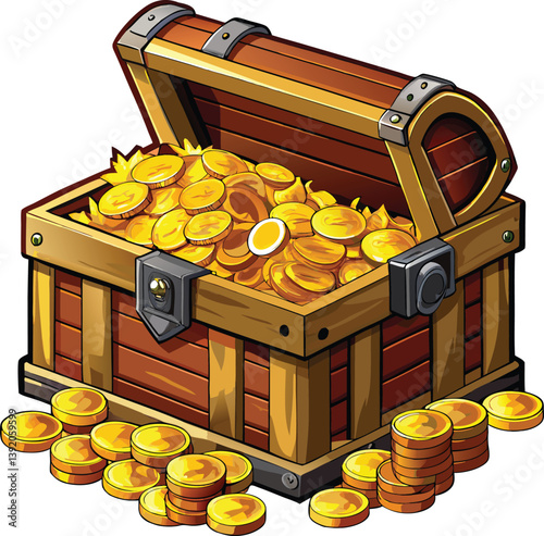 A wooden treasure chest overflowing with shiny gold coins