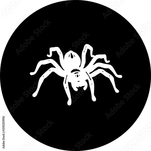 White arachnid silhouette against a stark black circular backdrop design