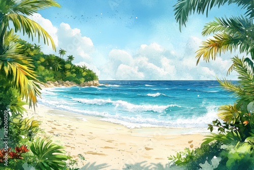 A beautiful watercolor painting depicts a tropical beach scene