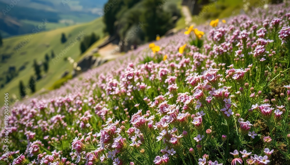 Wild thyme blossoms carpet a sun-drenched hillside in summer, sunlight, hillside Wild thyme blossoms carpet a sun-drenched hillside in summer, sunlight, hillside