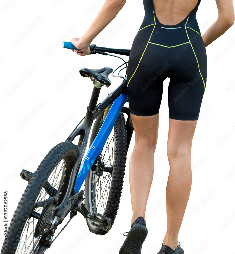 Naklejka premium Girl on a mountain bike on offroad, beautiful portrait of a cyclist, Fitness girl rides a modern carbon fiber mountain bike in sportswear.