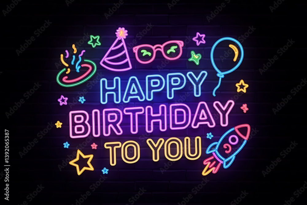 Neon Happy Birthday to You Sign with Rocket, Balloon, Party Hat, and Stars on Dark Wall – Colorful Glowing Celebration Card for Digital Greetings, Posters, Social Media, and Party Decor Neon Happy Birthday to You Sign with Rocket, Balloon, Party Hat, and Stars on Dark Wall – Colorful Glowing Celebration Card for Digital Greetings, Posters, Social Media, and Party Decor