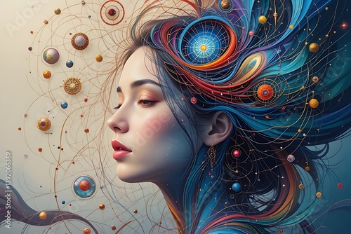 Abstract female profile.  Dark silhouette of a woman, adorned with swirling, golden, abstract patterns.  Ethereal woman.  Intricate gold & pastel swirls. abstract grunge background. 