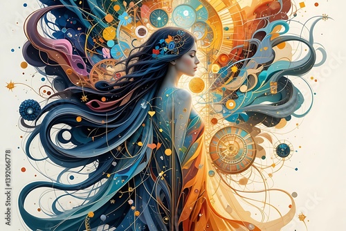 Abstract female profile.  Dark silhouette of a woman, adorned with swirling, golden, abstract patterns.  Ethereal woman.  Intricate gold & pastel swirls. abstract grunge background. 