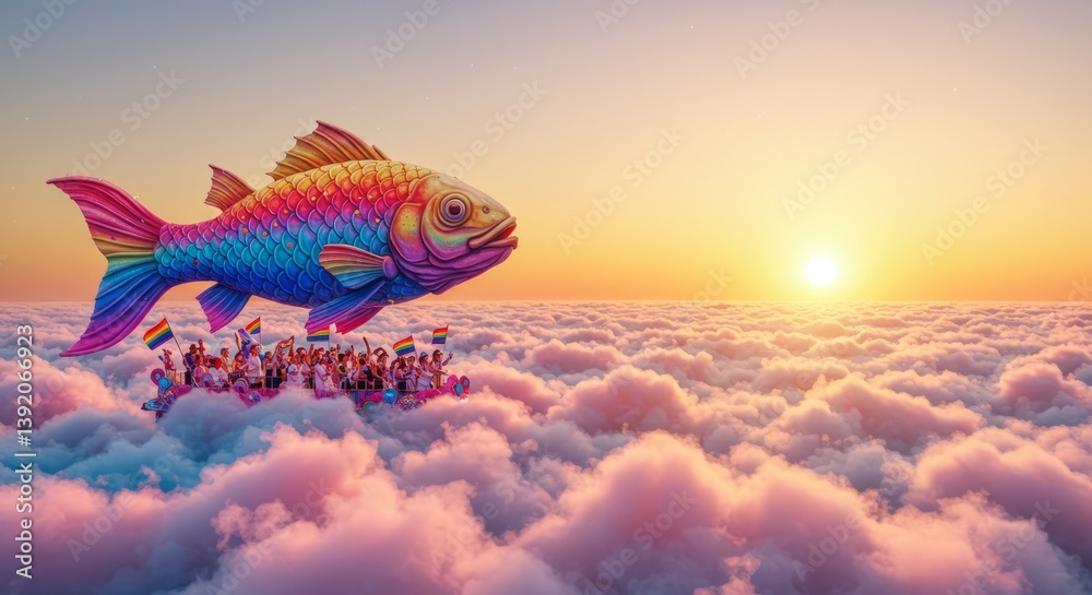 A magical, colorful fish flying above clouds with passengers onboard, set against a vibrant sunset sky reflecting imaginative and dreamlike creativity.