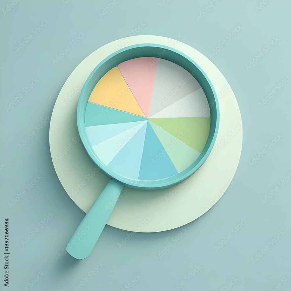 Obraz premium Analyzing Trends: A magnifying glass hovers over a colorful pie chart, symbolizing investigation, analysis, and the study of data patterns.
