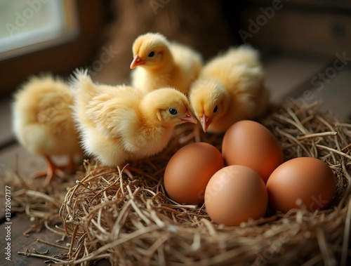 fluffy yellow chicks huddle around a nest of brown eggs on a rustic wooden surface