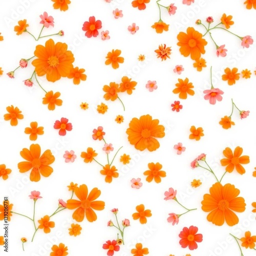 High-resolution stock photo of a spring bouquet style floral pattern. Small orange, red and pink flowers form a ditsy print on a pure white background. Commercial, professional quality image