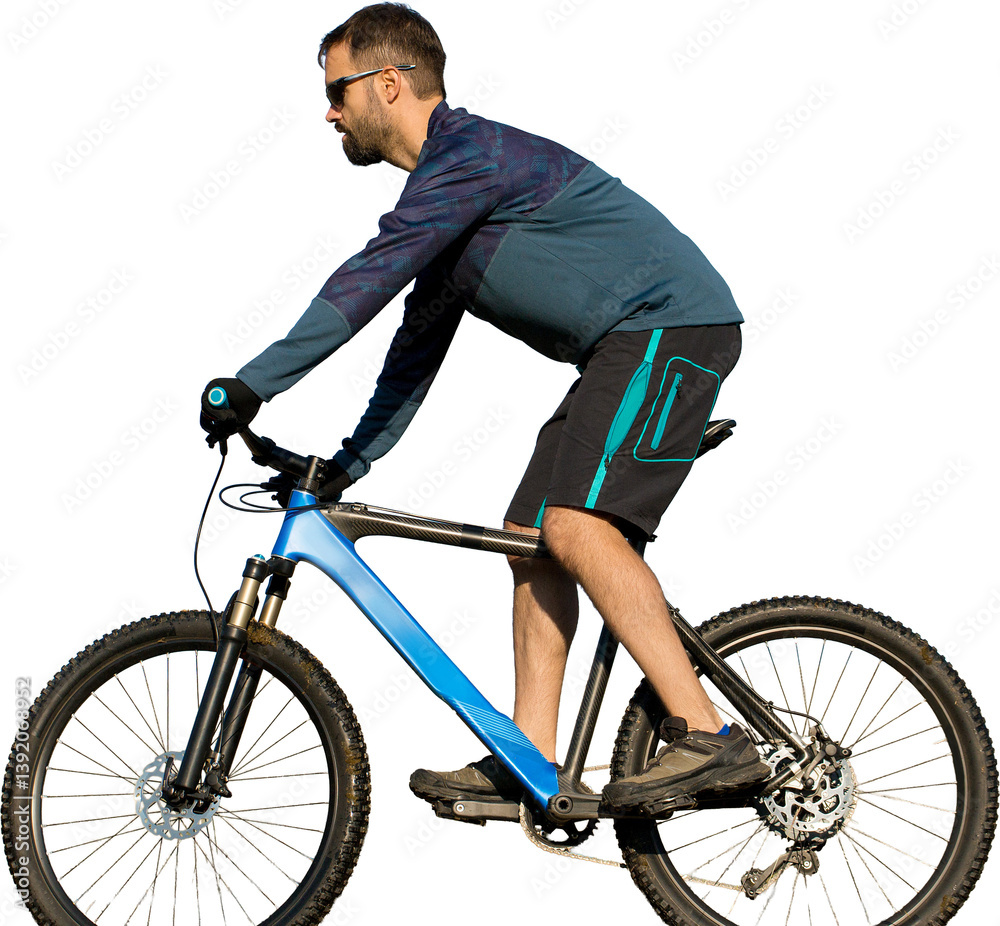 Fototapeta premium Cyclist in shorts and jersey on a modern carbon hardtail bike with an air suspension fork