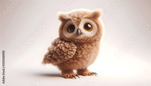 3D baby great horned owl with fluffy feathers on white background