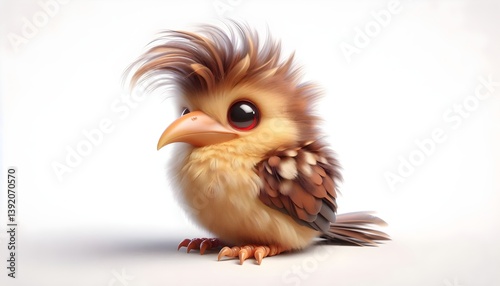Stylized hoatzin chick with red eyes and wide wings sitting peacefully