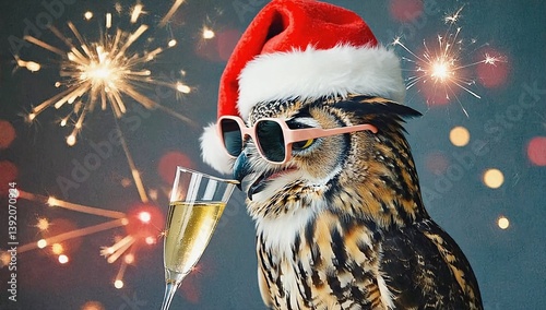 Holiday Cheers: A Snowy Owl's Festive Toast to the New Year's Celebrations