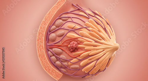 Detailed 3D Model of a Female Breast Showing Tumor Development and Internal Anatomy