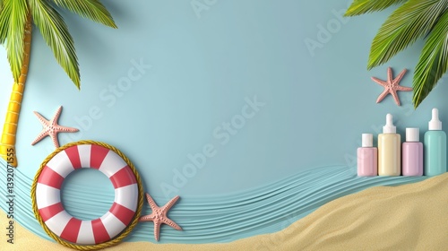 Summer beach relaxation scene with lifebuoy and cosmetics coastal view tropical environment calm atmosphere