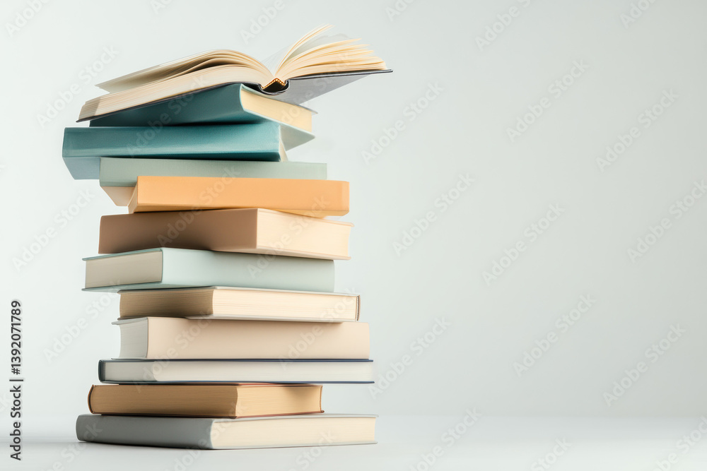 A sleek stack of contemporary books with a unique twist. The top book slightly levitates, adding a futuristic and artistic touch to this modern arrangement. A sleek stack of contemporary books with a unique twist. The top book slightly levitates, adding a futuristic and artistic touch to this modern arrangement.