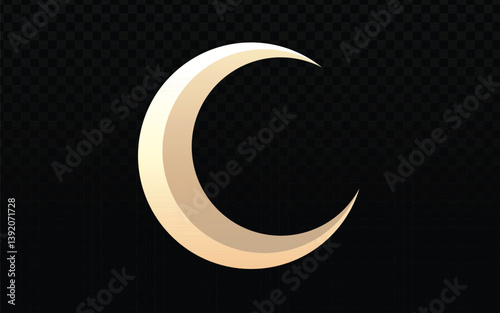 Elegant golden crescent moon with subtle shading on a transparent dark checkered background. Symbolizes Islam and the night sky.