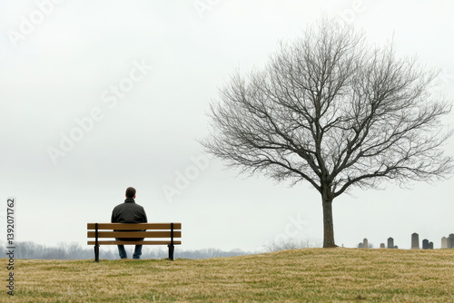 A lone man sits quietly on a sleek bench, surrounded by the somber landscape of a cemetery. The leafless tree and sparse tombstones accentuate the atmosphere of solitude and reflection.