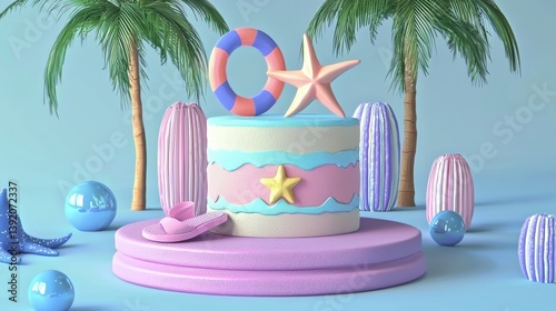 Fototapeta Naklejka Na Ścianę i Meble -  Colorful summer cake decoration beach theme digital art vibrant environment 3d viewpoint