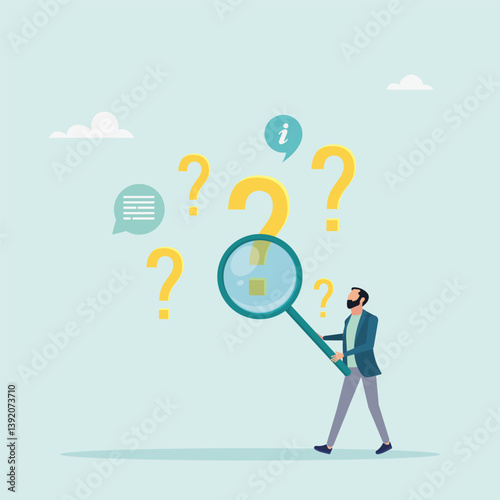 Frequently asked questions concept, investigation, information search. Character holds magnifying glass and searches for answer. Vector illustration.	