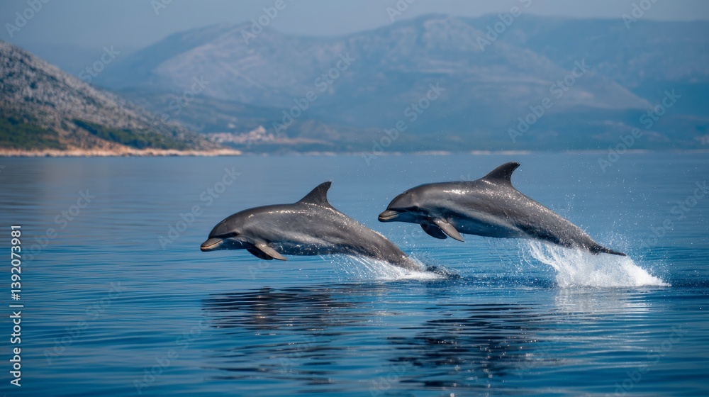 Fototapeta premium Dolphins Jumping From the Blue Sea with Mountains on Background