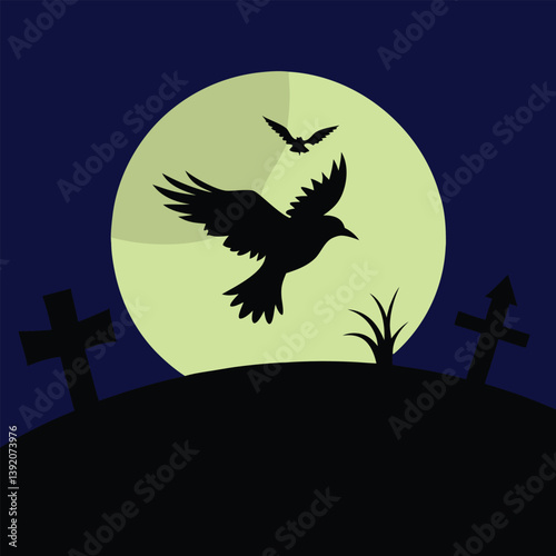 Crow Flying Over Graveyard With Full Moon And Bats at Night