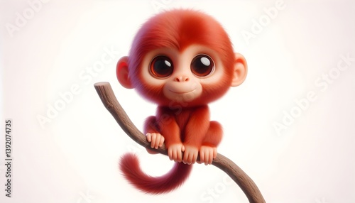 Stylized baby red monkey with sweet expression and small hands clinging to tree