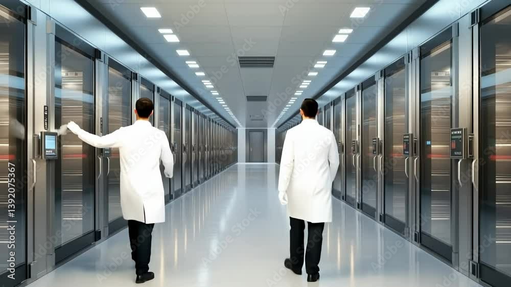 In a futuristic environment, professionals wearing lab coats navigate through a sleek corridor lined with rows of powerful servers. The bright, sterile setting reflects innovation and technology. In a futuristic environment, professionals wearing lab coats navigate through a sleek corridor lined with rows of powerful servers. The bright, sterile setting reflects innovation and technology.