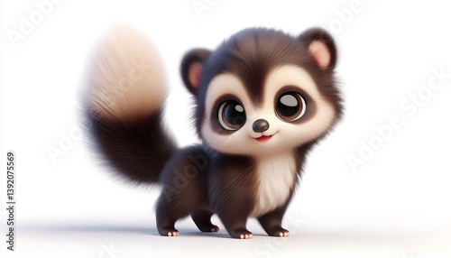 3D baby tayra with dark fur and cream chest patch on white background. Its fluffy tail adds extra charm. Soft lighting