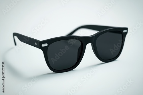 Matte black wayfarer sunglasses on white background, minimalist fashion accessory, product showcase photo