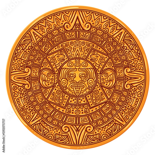 Mayan calendar. Maya civilization sun calendarium, aztec solar calendar inca round stone apocalypse 2012 astronomy mexican culture tribal symbol totem, swanky vector illustration