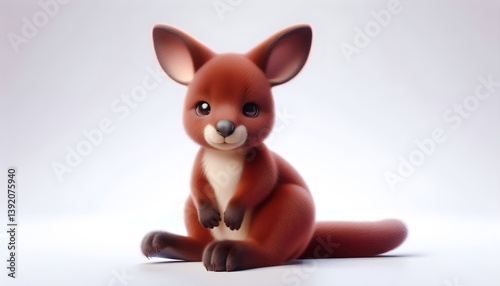 3D baby tree kangaroo with thick reddish fur and long tail on white