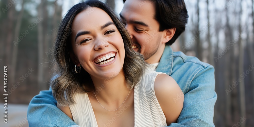 A man and woman are hugging and smiling. The woman is wearing a white shirt and the man is wearing a blue jacket. Scene is happy and affectionate A man and woman are hugging and smiling. The woman is wearing a white shirt and the man is wearing a blue jacket. Scene is happy and affectionate