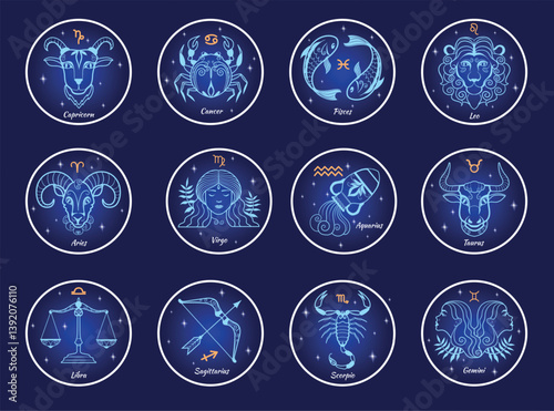 Zodiac signs constellations. Astrology calendar star logo 12 line icons, divination symbol aries gemini taurus leo capricorn aquarius cancer pisces scorpio neat vector illustration