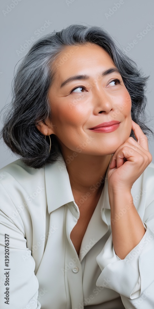 A woman with grey hair is sitting with her hands on her knees and looking up. She has a smile on her face and she is thinking A woman with grey hair is sitting with her hands on her knees and looking up. She has a smile on her face and she is thinking