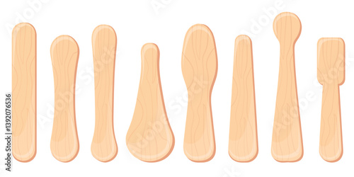 Wooden popsticks. Popsicle sticks, ice cream stick wood spatula lollipop tongue depressor, coffee spoon icecream eskimo bar summer frozen dessert cartoon neat vector illustration