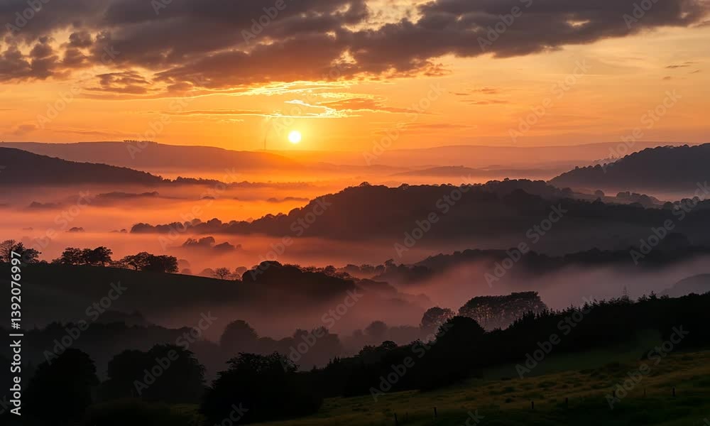 Serene Sunrise Over a Foggy Mountain Landscape Captured in Stunning 4K Video Serene Sunrise Over a Foggy Mountain Landscape Captured in Stunning 4K Video