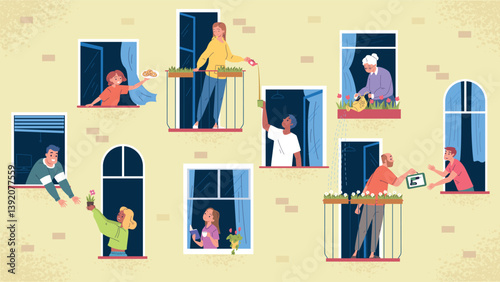 Neighbors help. Neighborhood coliving, neighbor in windows share things goods building apartment house community neighbour unity people home friendship classy vector illustration