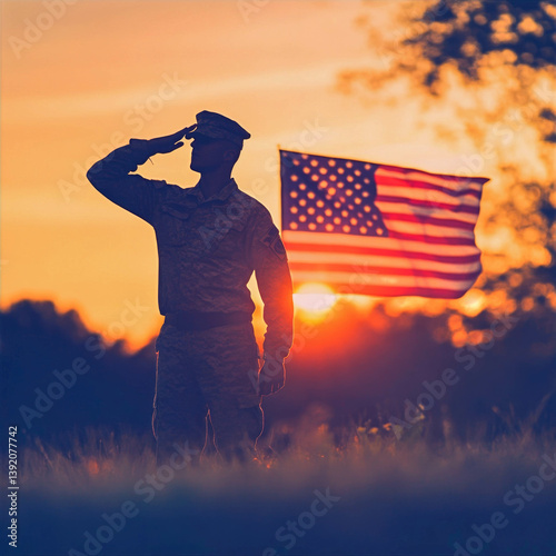 Soldier saluting American flag at sunset during Memorial Day celebration honoring fallen heroes and reflecting on sacrifice and patriotism healthy living concept