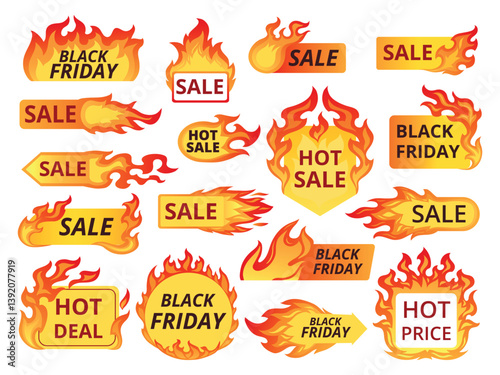 Sale fire badges. Hot deal flame label tag, burn red price special offer text free shopping discount promotion banner sticker market flaming prices button, tidy vector illustration