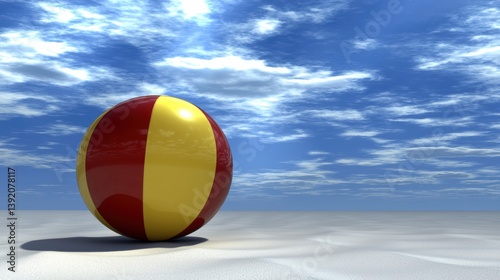 Rolling yellow and red beach ball sandy shore 3d animation sunny day vibrant colors fun concept