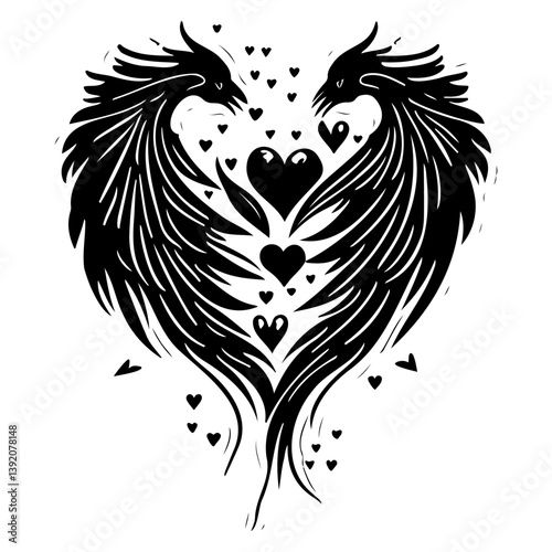 Symmetrical avian heart emblem portraying affection and stylized figures