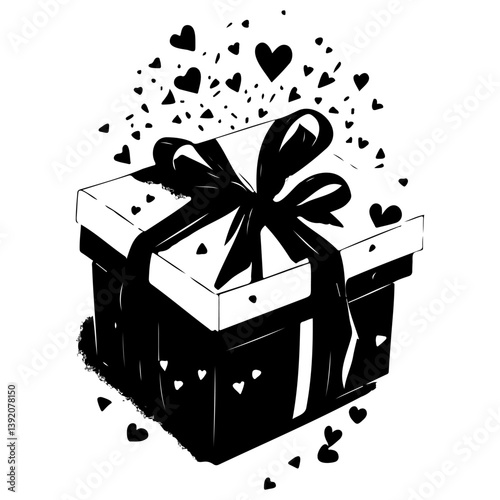Stylized monochrome gift box illustration with hearts radiating outward design