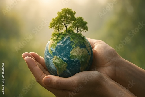 Hands Holding Miniature Earth with Trees, Symbolizing Care