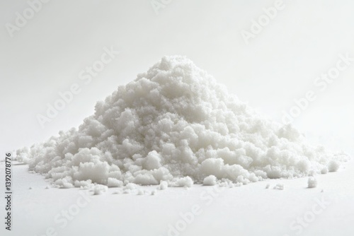 A pile of white crystalline substance, possibly salt or sugar, sits on a white background.