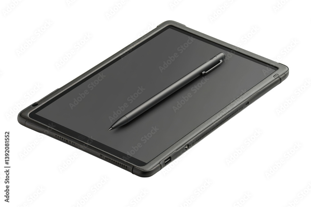 Sleek black tablet with stylus perfect for note taking and digital art showcasing elegant design and isolated on transparent background Sleek black tablet with stylus perfect for note taking and digital art showcasing elegant design and isolated on transparent background